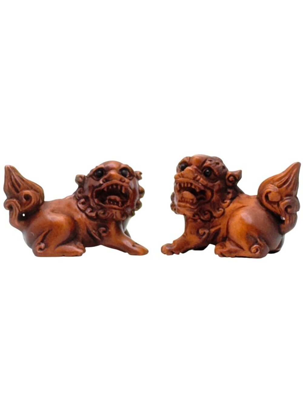 Ojime Netsuke Two Foo Dog Lion Figurines Hand-Carved Boxwood Signed No Hole #1.4